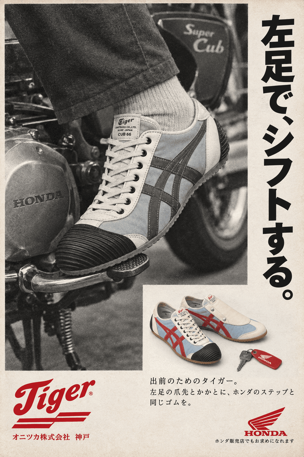 Period advertisement for the Onitsuka Tiger × Honda Tiger CUB 66