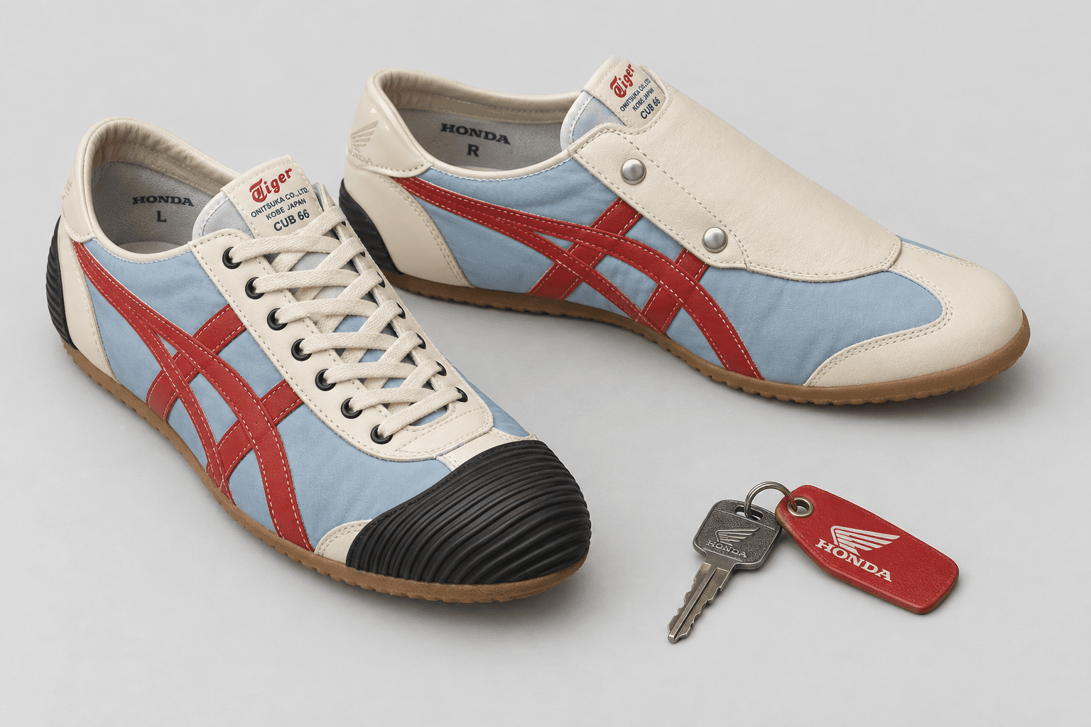 Onitsuka Tiger × Honda Tiger CUB 66, studio photograph