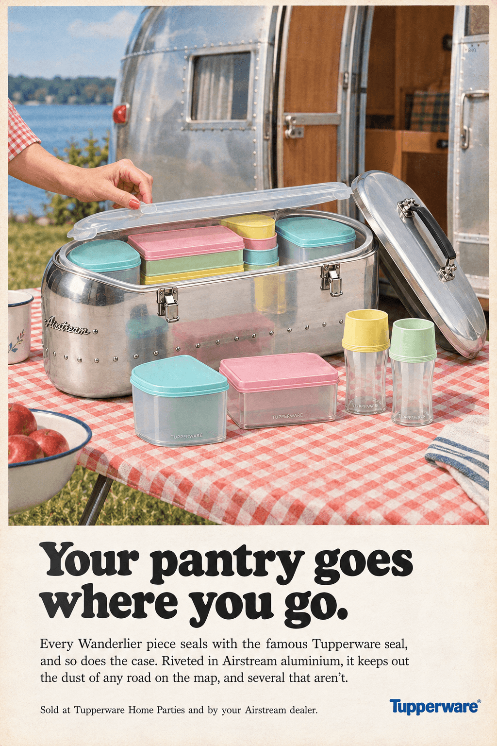Period advertisement for the Tupperware × Airstream Wanderlier Galley Set